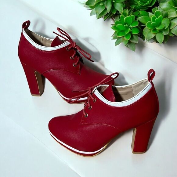 Allegra K Bright Red Heel Boots  Lace Up - Picture 1 of 10